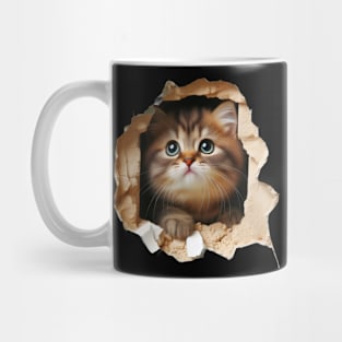 Darling kitty squeezing through a hole in the wall Mug